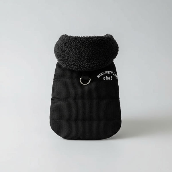 Deux manteaux pour petit chien gris et noir en tissu côtelé avec col en laine bouclée pour petits chiens