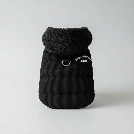 Deux manteaux pour petit chien gris et noir en tissu côtelé avec col en laine bouclée pour petits chiens