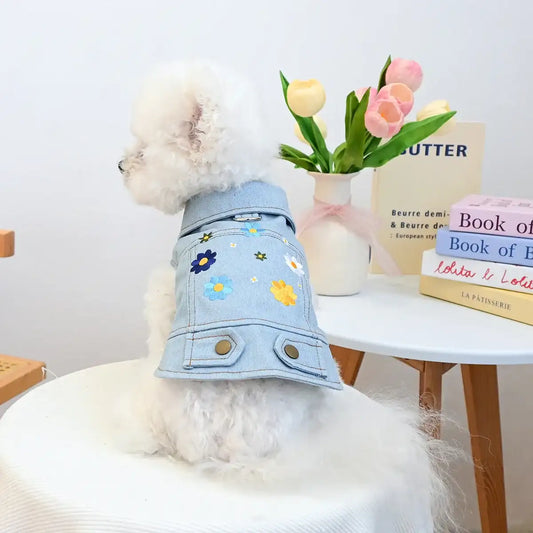 Veste en jean pour chien de Oscar et Plume avec broderies colorées pour un look tendance