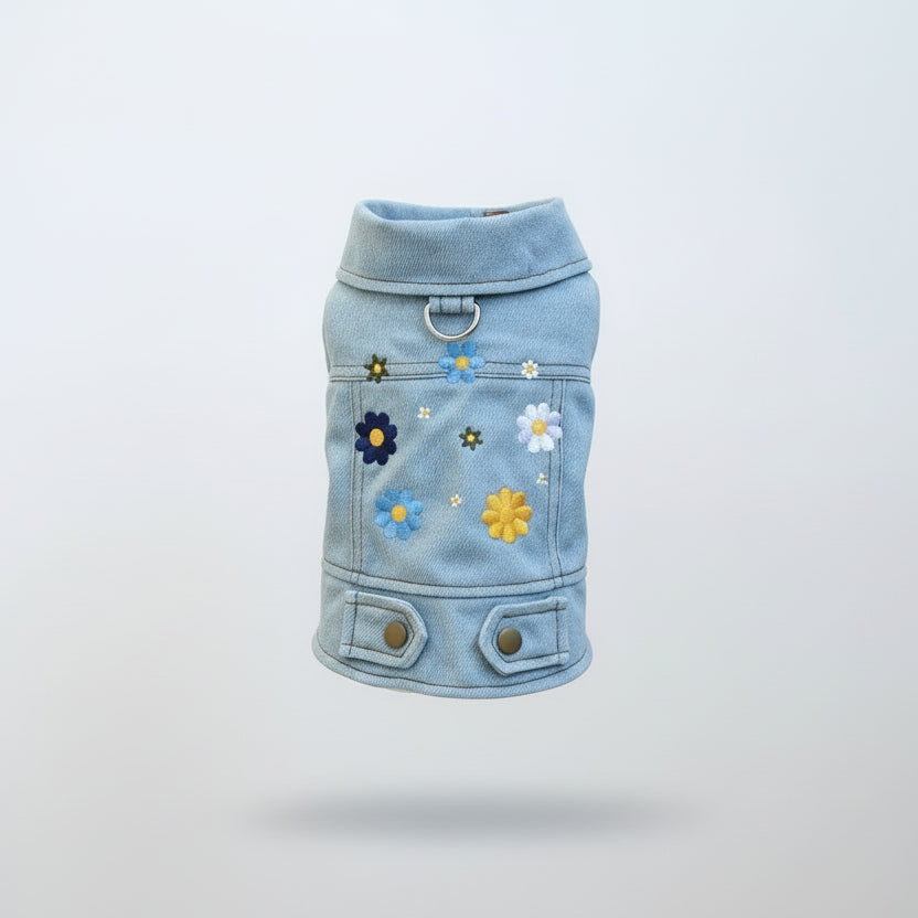 Veste en jean pour chien brodée de fleurs multicolores pour animaux stylés