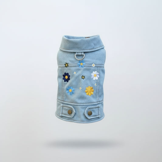 Veste en jean pour chien brodée de fleurs multicolores pour animaux stylés