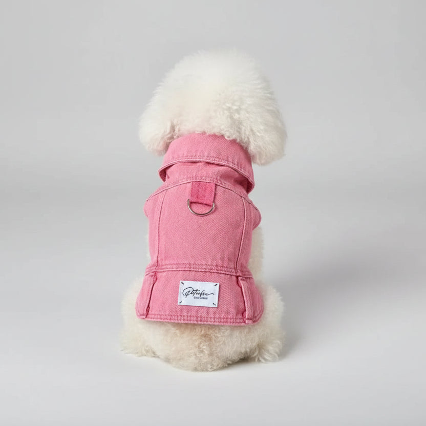 Veste en jean pour chien rose d'Oscar et Plume avec col et poches arrière