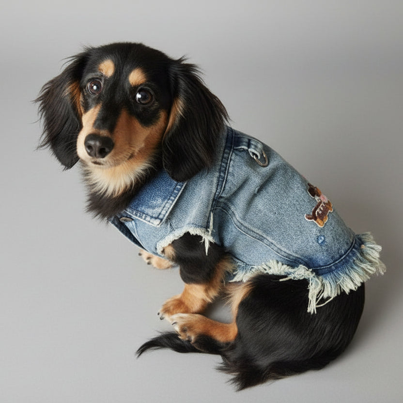 Joli teckel portant une veste en jean pour teckel avec détails en denim déchiré
