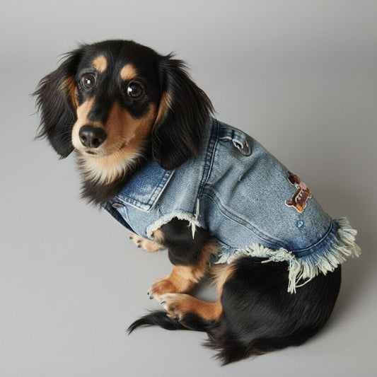 Joli teckel portant une veste en jean pour teckel avec détails en denim déchiré