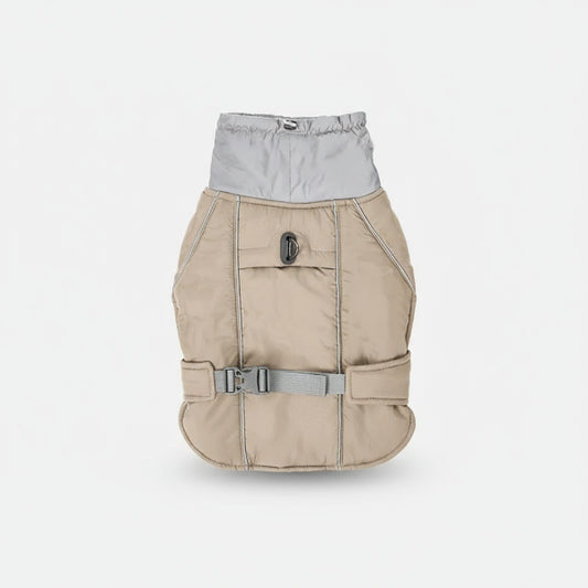 Veste imperméable chien beige avec col rembourré et ceinture ajustable pour protéger votre animal des intempéries