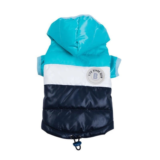 Veste imperméable pour chien Oscar et Plume bleu turquoise blanc et noir avec capuche