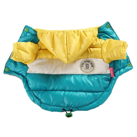 Veste imperméable pour chien Oscar et Plume en bleu et jaune avec capuche et fermeture à boutons