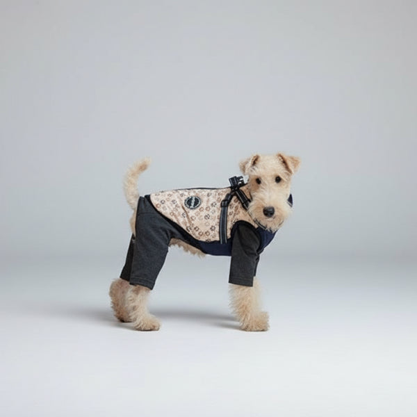 Chien portant une veste imperméable pour chien avec motif élégant et coupe confortable