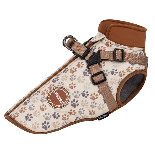 Veste imperméable pour chien Oscar et Plume avec motif empreinte de patte et harnais intégré