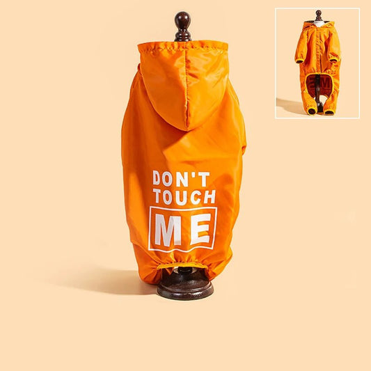 Veste pluie pour chien orange imperméable avec capuche et inscription don't touch me