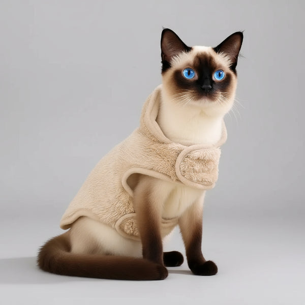 Veste polaire pour chat beige avec capuche, idéale pour garder votre chat au chaud.