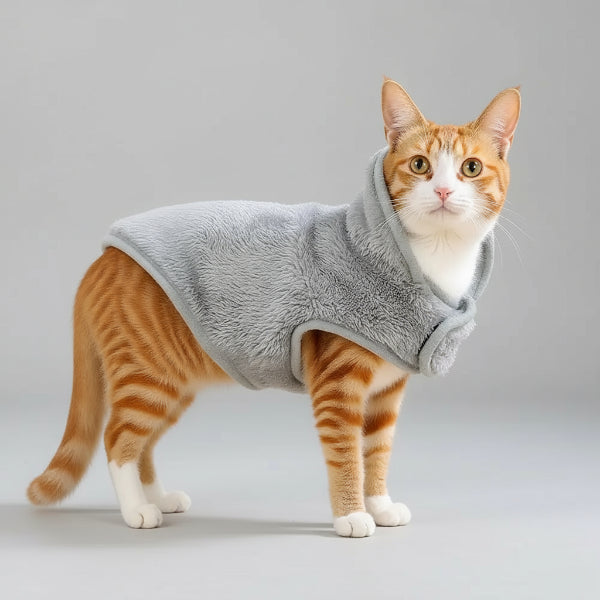 Veste polaire pour chat en gris avec capuche pour garder votre animal au chaud
