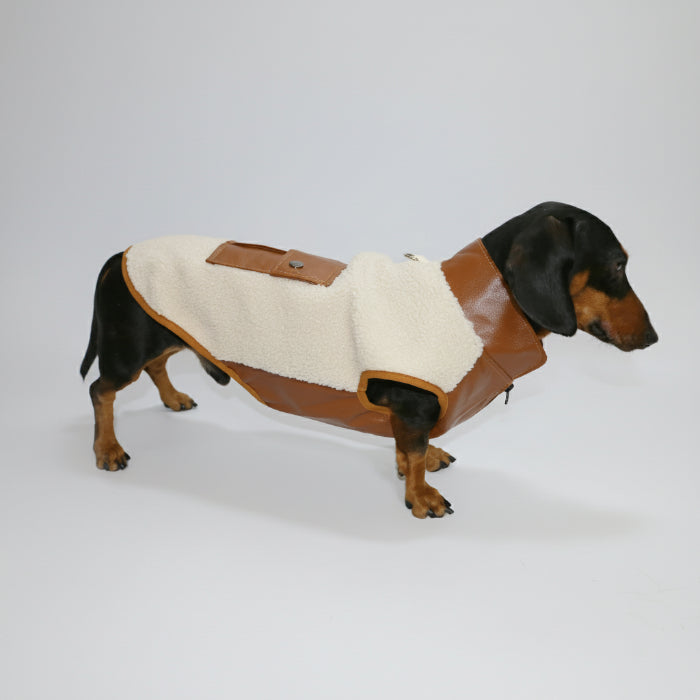Veste polaire pour teckel en beige et marron avec fermeture éclair et poche arrière