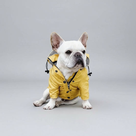Chien portant un vêtement de pluie pour chien jaune avec capuche assis sur un banc en bois