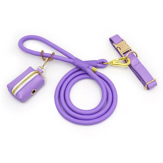 Laisse et collier personnalisable pour chien en corde violette avec accessoires dorés et sac de rangement
